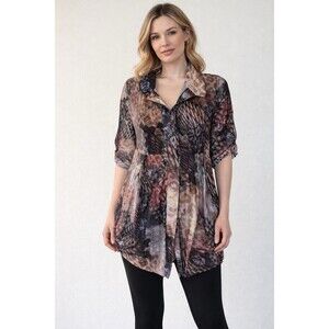 Elena Wang Sheer Abstract Print Tunic Dress Boho Lagen Look Mandarin Collar sz M